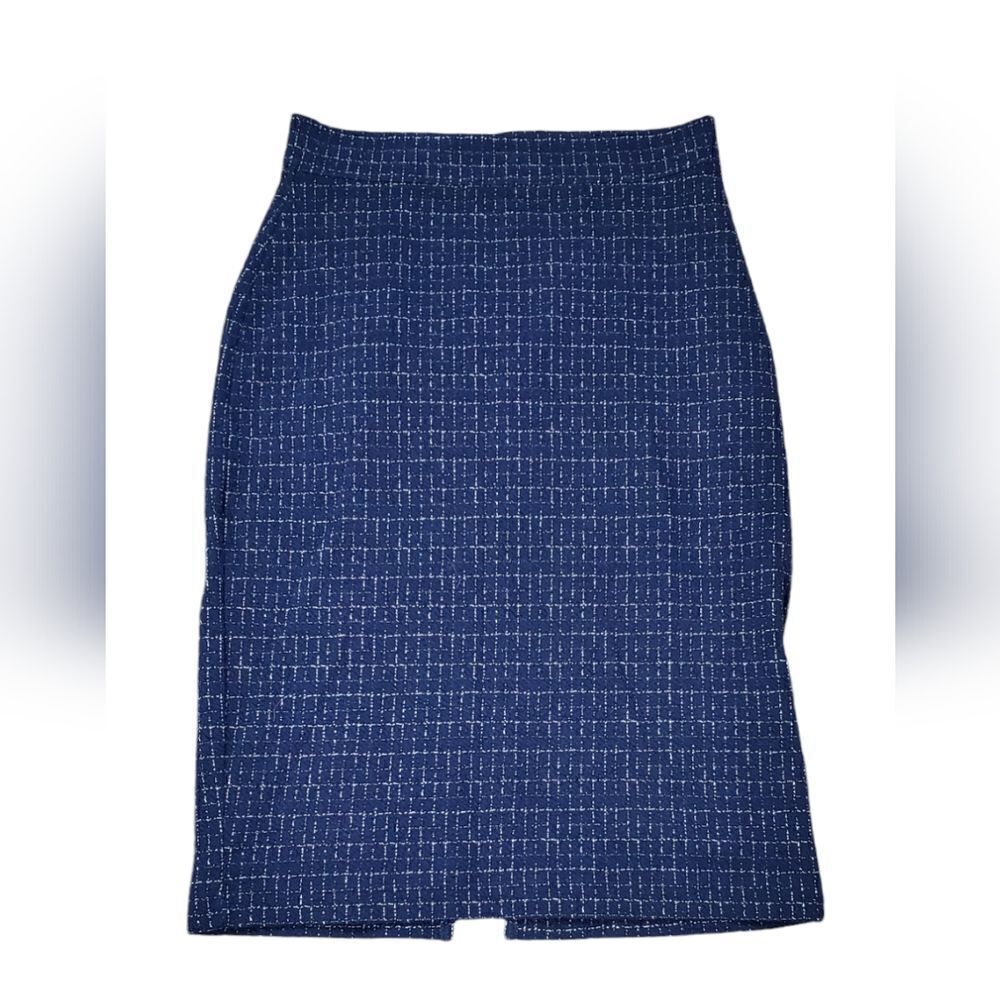 Maeve Navy Blue & White Checked Tweed Pencil Skirt